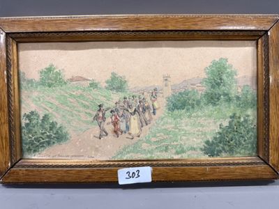 une image représentant un tableau où l'on voit un groupe de personnes marchant sur un sentier