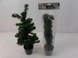 un petit sapin de Noël dans un sac en plastique, à côté d'un petit sapin de Noël en pot