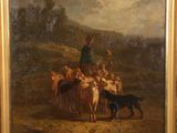 painting of a shepherd and his flock of sheep in a mountainous landscape