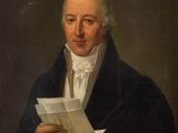 un tableau représentant un homme en manteau noir tenant un bout de papier