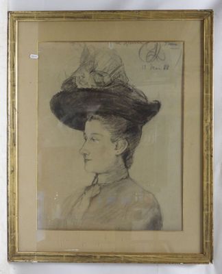 portrait of a woman in a hat with a bird on top of her head