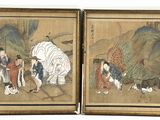 two framed paintings of people and animals in a wooded area