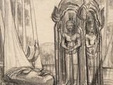 dessin au crayon représentant une nature morte avec un livre ouvert, une bougie et une statue