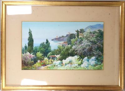 framed painting of a view of a lake and trees in a gold frame