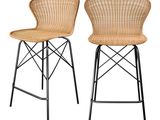 paire de tabourets de bar en osier avec des pieds en métal noir