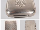 several different pictures of a silver case with a cross on it