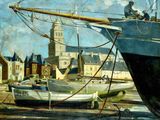 un tableau représentant un bateau dans un port, avec une église en arrière-plan
