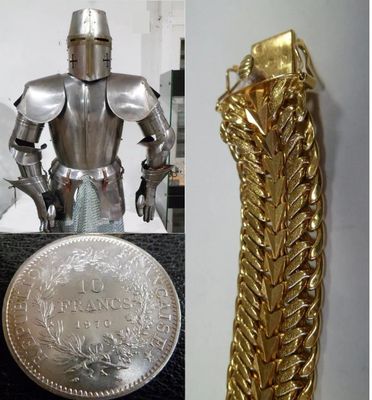 two pictures of a gold and silver statue and a silver coin