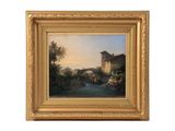 une peinture à l'huile représentant un pont sur une rivière avec une maison à l'arrière-plan