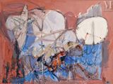 abstract painting of a group of people with umbrellas on a pink background