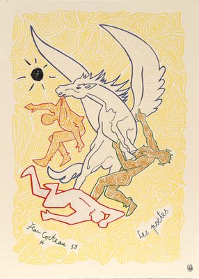une image représentant un dessin d'un cheval et d'un homme sur un skateboard