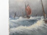 a painting of a boat in the ocean with other boats in the water