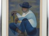 painting of a man sitting on the ground with a hat and a cane
