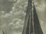 painting of a sailboat in a body of water under a cloudy sky