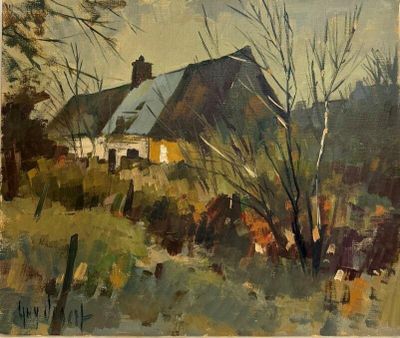 une image d'une peinture représentant une maison dans un champ
