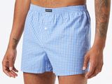 a close up of a man wearing a blue and white checkered boxers