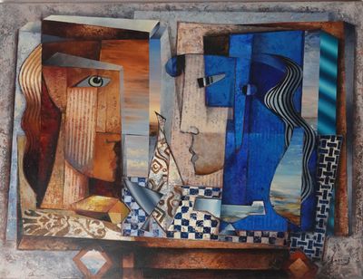 un tableau représentant le visage d'une femme et celui d'un homme posés sur une table