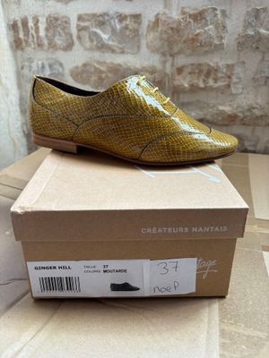 yellow snake skin shoes on a cardboard box with a brick wall in the background