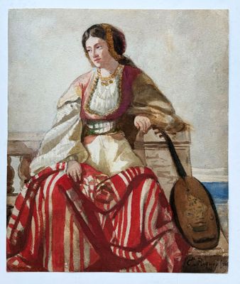 tableau représentant une femme vêtue d'une robe rayée rouge et blanche, assise sur un banc