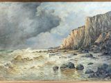 un tableau représentant une côte rocheuse avec des vagues qui déferlent