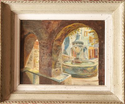 a picture of a painting of a fountain in the middle of the picture