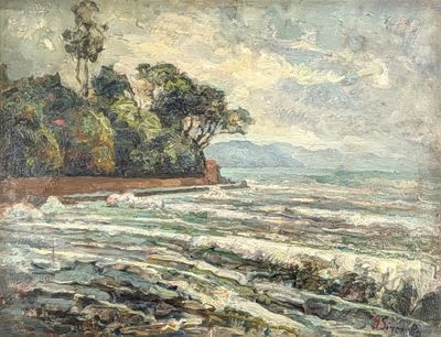 an image of a painting of a beach with trees and water