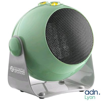an image of a green fan heater on a stand
