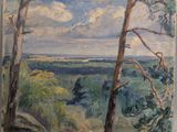 une peinture à l'huile représentant un paysage avec des arbres et un ciel