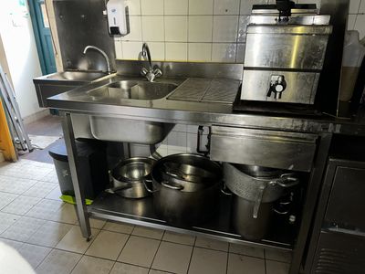 a kitchen with a sink, stove, and pots on the counter