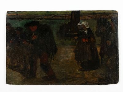 an old painting of a man and a woman walking down a street