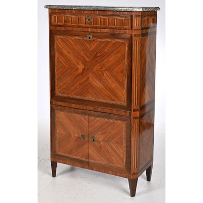 an antique wooden cabinet with marble top and drawers