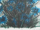 a drawing of a bunch of blue flowers in a vase