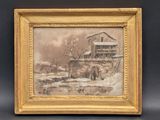 a painting of a house in a snowy landscape with a bridge