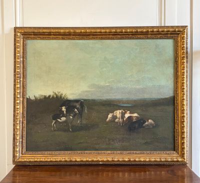 a picture of a painting of cows and sheep in a field