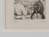 a drawing of a man and a cat sitting at a table