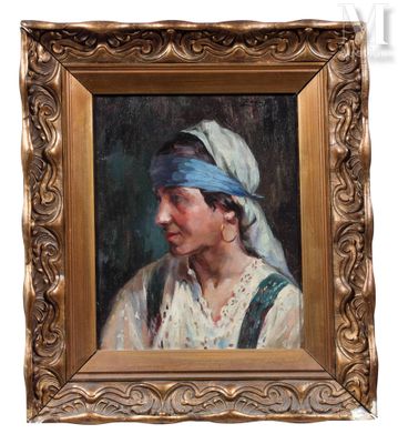 tableau représentant une femme portant un foulard bleu, dans un cadre doré