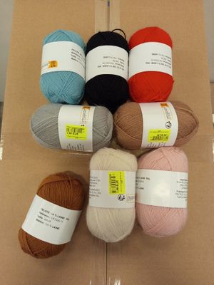 several balls of yarn sitting on top of a cardboard box