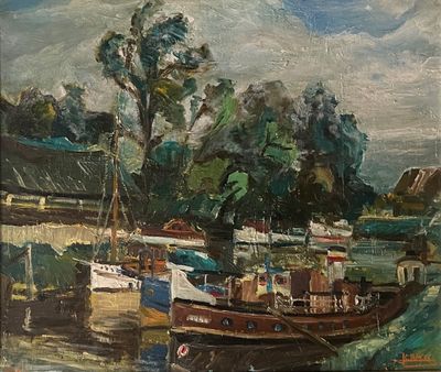 peinture représentant un bateau sur un plan d'eau près d'un pont