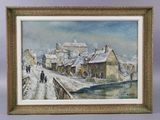 une peinture à l'huile représentant une scène de village enneigé avec des gens qui marchent dans la rue
