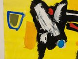a painting of a black and white cat on a yellow background
