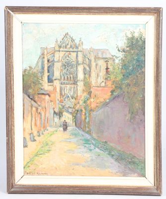 an oil painting of a street scene with a church in the background