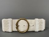 a white leather belt with a gold buckle and braiding