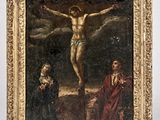 une vieille peinture représentant Jésus sur la croix avec d'autres personnes