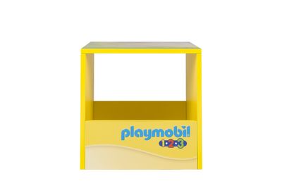 une petite étagère jaune portant le logo Playmobil