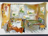 a painting of a room with a bed and a table