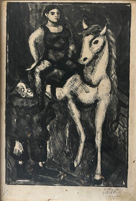 drawing of a man on a horse with a dog and a cat