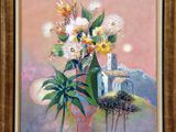 painting of flowers in a vase on a table with a pink background