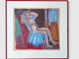 painting of a woman in a blue dress sitting in a red chair