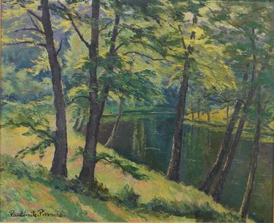 une peinture à l'huile représentant des arbres et une rivière dans une zone boisée