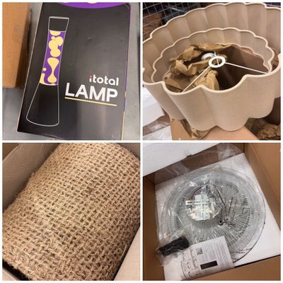plusieurs photos d'une boîte contenant une lampe et d'une boîte contenant un ventilateur